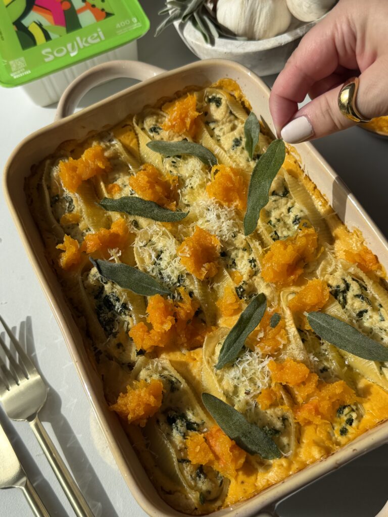 Giant pasta shells stuffed with tofu ricotta and served with creamy butternut squash sauce.